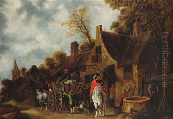 An Elegant Traveller On A Greyhorse And Peasants On A Horse And Wagon Halting By An Inn In A Village Oil Painting by Nicolaes Molenaer