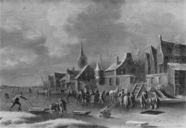 Skaters And Sledges On A Frozen Waterway By A Fortified Town Oil Painting by Nicolaes Molenaer