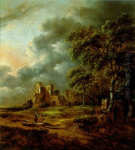 Rastende Vor Ruinen In Einer Waldlandschaft Oil Painting by Nicolaes Molenaer