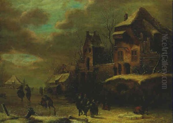 Figures On A Frozen Waterway By A Town Oil Painting by Nicolaes Molenaer