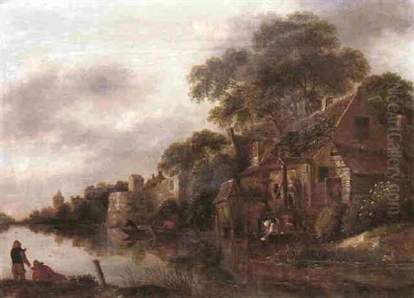 A River Landscape With A Woman Washing Laundry Before A Cottage Oil Painting by Nicolaes Molenaer