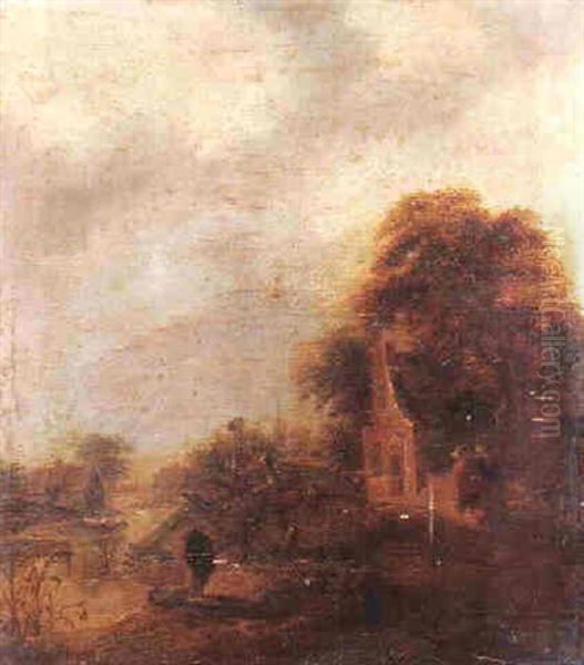 A River Landscape With Two Figures Fishing In The Foreground, Cottages And A Church Oil Painting by Nicolaes Molenaer