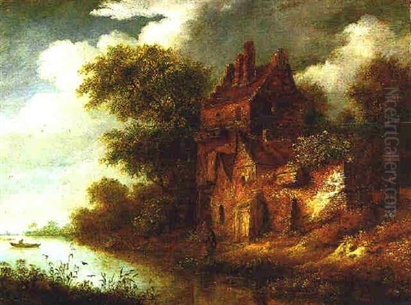 River Landscape With Figures Oil Painting by Nicolaes Molenaer