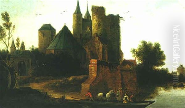 River Landscape With A Castle And A Ferry Boat Oil Painting by Nicolaes Molenaer