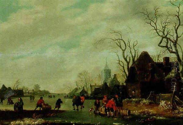 Peasants On A Frozen River By A Town Oil Painting by Nicolaes Molenaer