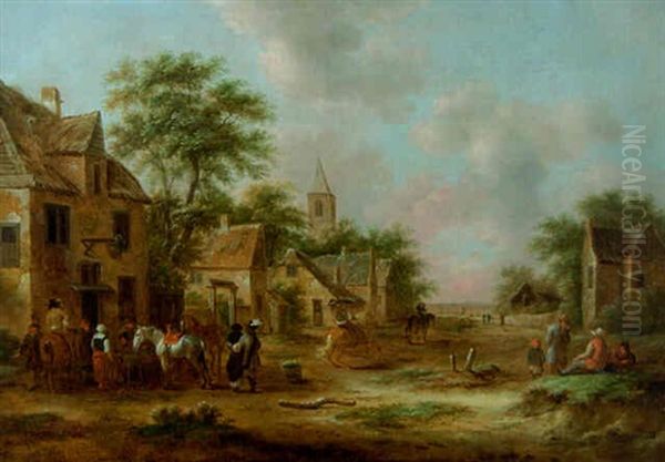 Travellers Halting Outside An Inn In A Village Street Oil Painting by Nicolaes Molenaer