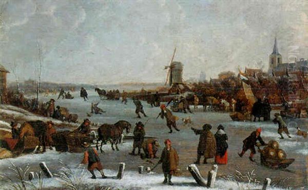 A Winter Landscape With Skaters And Sledges On A Frozen River By A Village, A Town Beyond Oil Painting by Nicolaes Molenaer