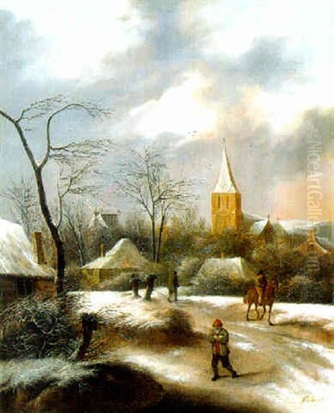 A Winter Landscape With A Horseman And Peasants Walking On A Path By A Village Oil Painting by Nicolaes Molenaer