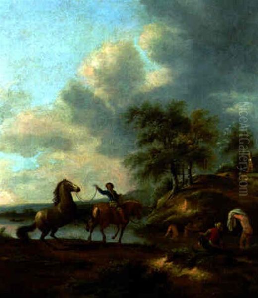 A Landscape With Bathers At A River And A Rider Leading A Horse On A Bank Oil Painting by Nicolaes Molenaer