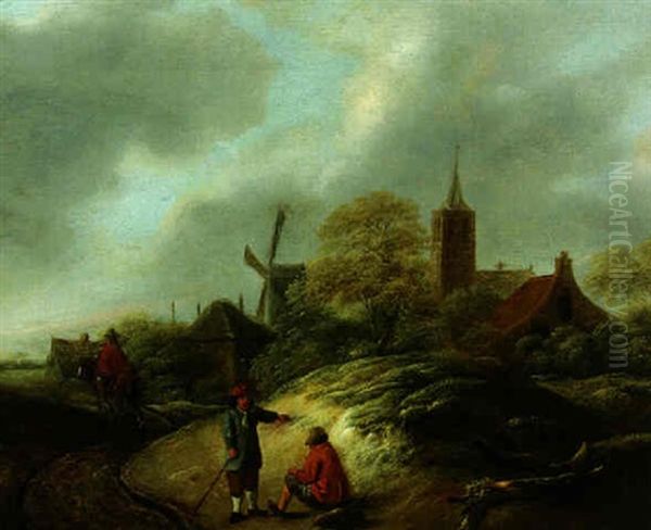 Peasants Conversing On A Track, A Village Beyond Oil Painting by Nicolaes Molenaer