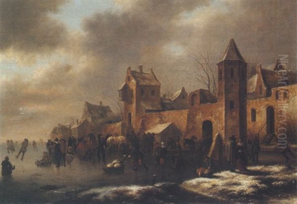 Winter Landscape With A Walled Town And Figures Skating Oil Painting by Nicolaes Molenaer