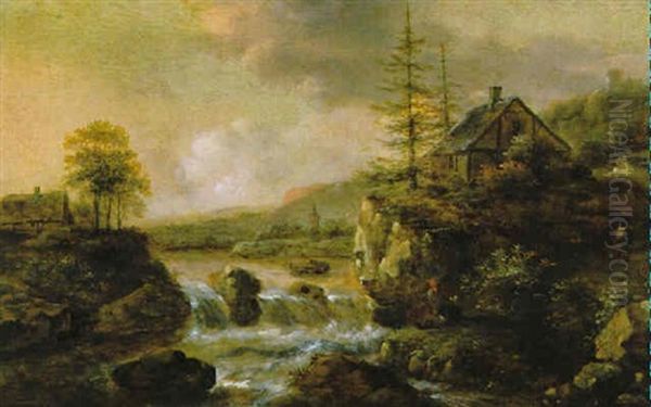 Felsige Flusslandschaft Mit Wasserfall Oil Painting by Nicolaes Molenaer