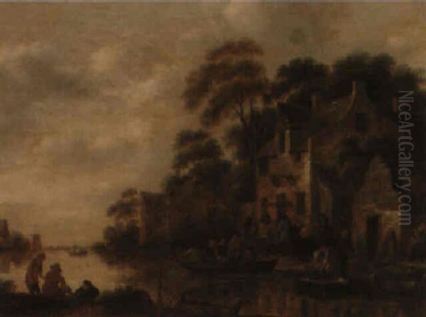 River Landscape With Figures Outside An Inn Oil Painting by Nicolaes Molenaer