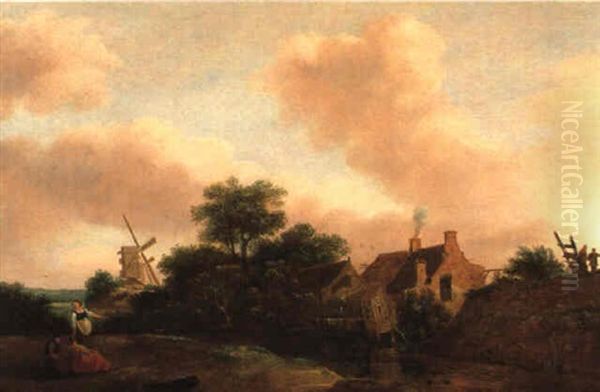 Dorf An Einem Flus Mit Einer Windmuhle Und Rastenden Oil Painting by Nicolaes Molenaer