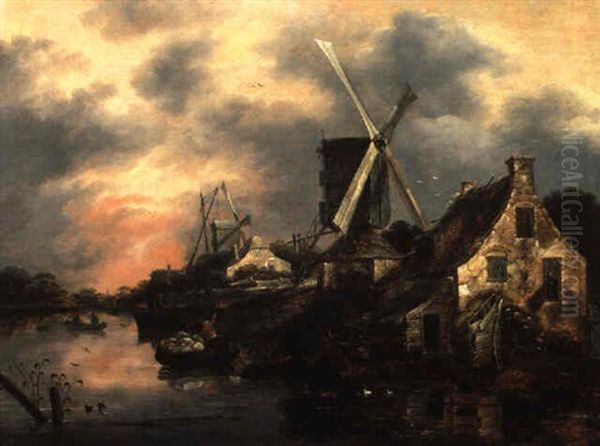 Abendliche Fluslandschaft Mit Windmuhlen Und Booten Oil Painting by Nicolaes Molenaer