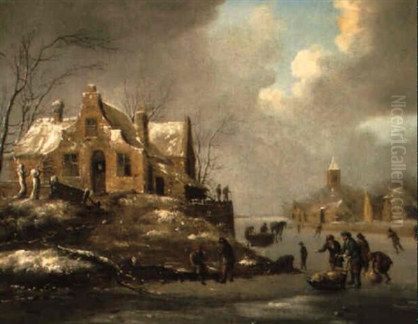 Winterlandschaft Mit Schlittschuhlaufern Oil Painting by Nicolaes Molenaer