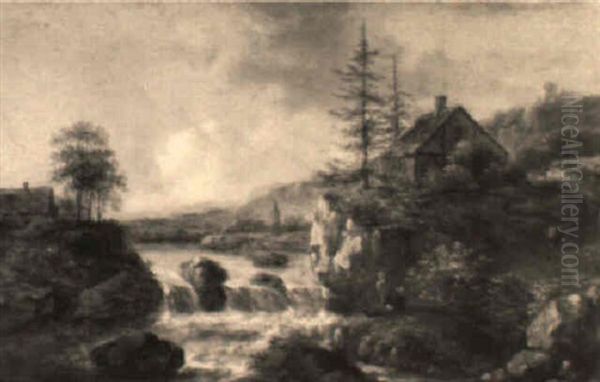 Peasants Resting By A Torrent, Farm Nearby Oil Painting by Nicolaes Molenaer