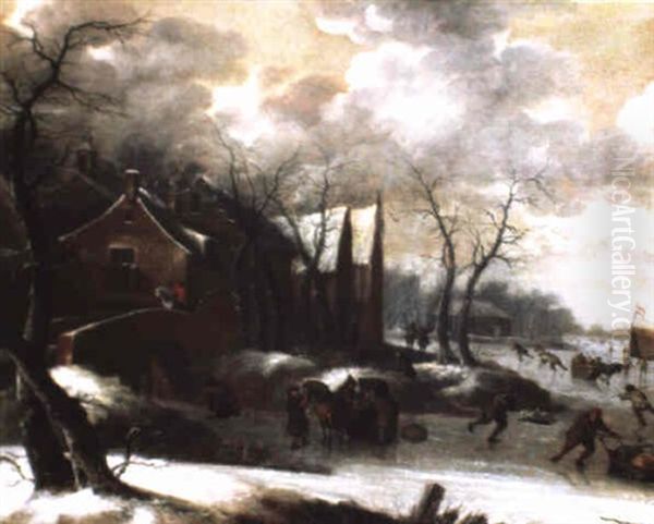 Patineurs En Hiver Oil Painting by Nicolaes Molenaer