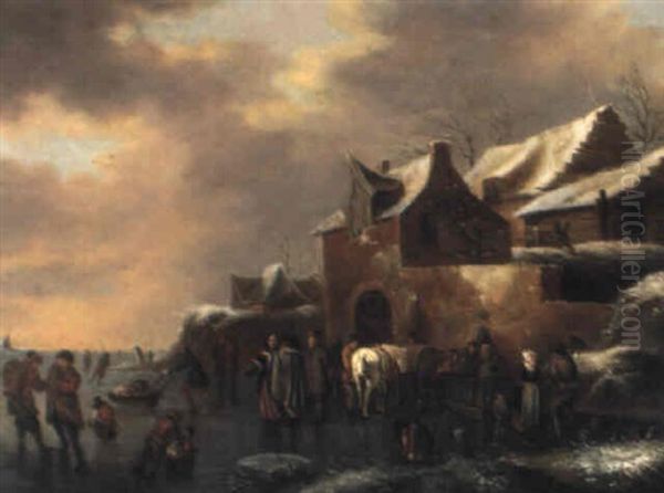 Bauern Auf Einem Zugefrorenen Kanal Neben Einem Weiler by Nicolaes Molenaer