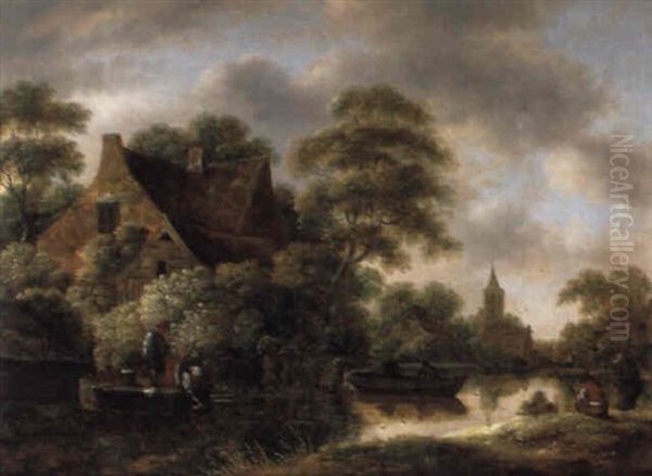 Waldlandschaft Mit Hausern, Einer Wascherin Und Anglern Oil Painting by Nicolaes Molenaer