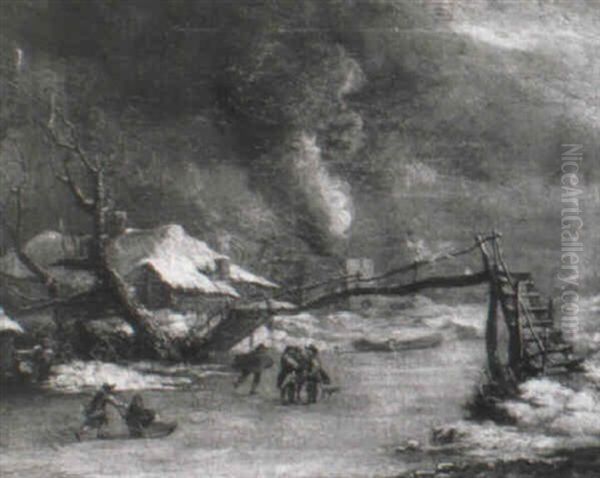 A Winter Landscape With Figures On A Frozen River Oil Painting by Nicolaes Molenaer