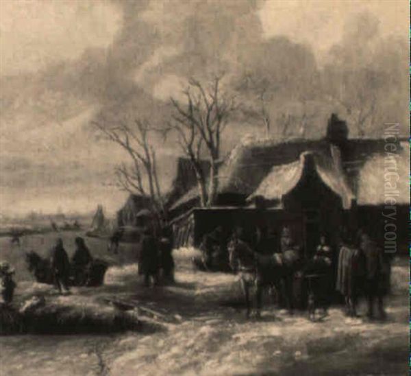 A Winter Landscape With Townsfolk In Horse-drawn Sledges By A Frozen River Oil Painting by Nicolaes Molenaer