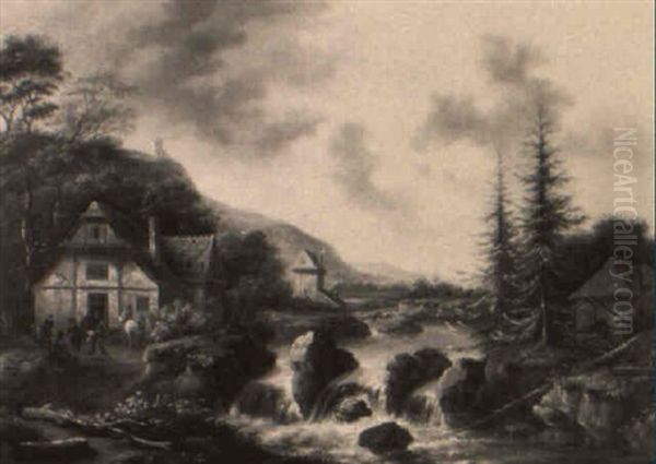 Travellers Before An Inn By A Waterfall Oil Painting by Nicolaes Molenaer