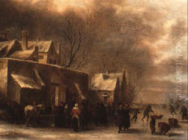 A Village Scene In Winter With Figures Skating In The Background Oil Painting by Nicolaes Molenaer