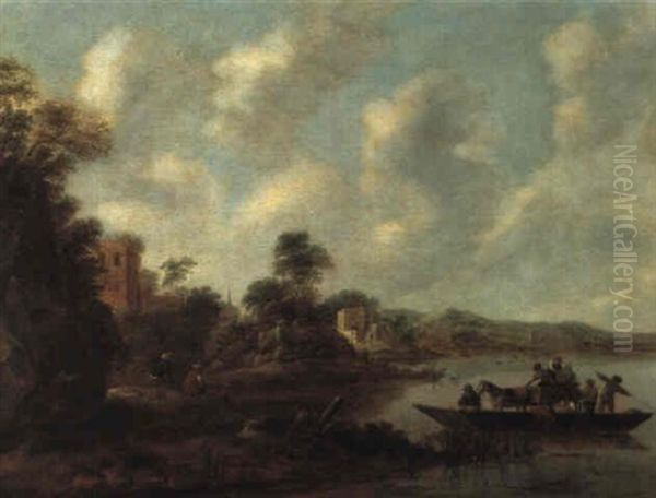 Hollandische Fluslandschaft Mit Einer F,hre Oil Painting by Nicolaes Molenaer