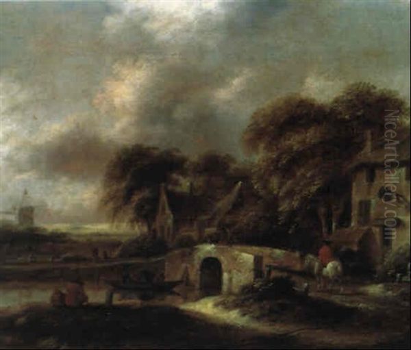 Bewaldete Fluslandschaft Mit Steinbrucke Oil Painting by Nicolaes Molenaer