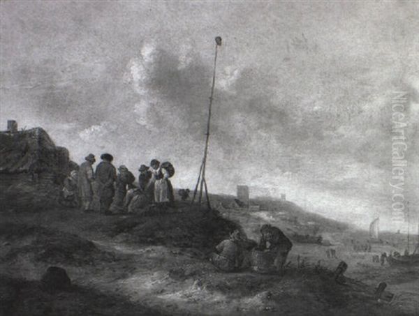 Fisherfolk Displaying Their Catch By A Beacon Near A Beach Oil Painting by Nicolaes Molenaer