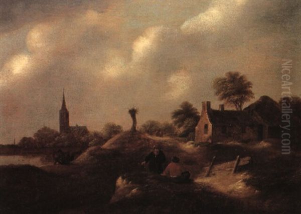 Fishermen On A Sandy Dune Near Rustic Houses Oil Painting by Nicolaes Molenaer