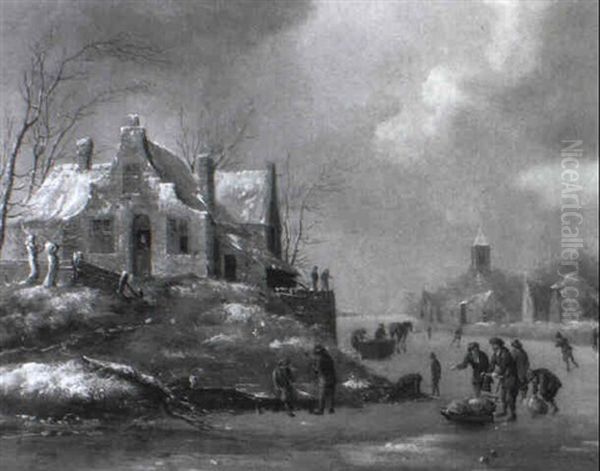 Winterliche Fluslandschaft Mit Schlittschuhlaufern Oil Painting by Nicolaes Molenaer