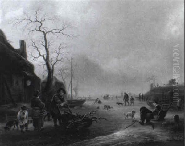 Schlittschuhlaufer Bei Einem Dorf Oil Painting by Nicolaes Molenaer