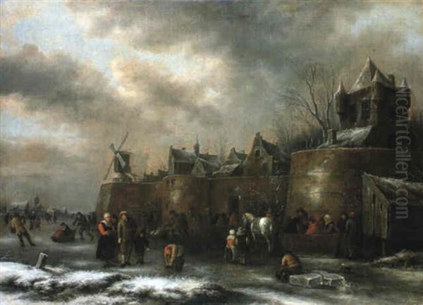 Skaters And Sledges On A Frozen Moat Outside A Fortified Town Oil Painting by Nicolaes Molenaer