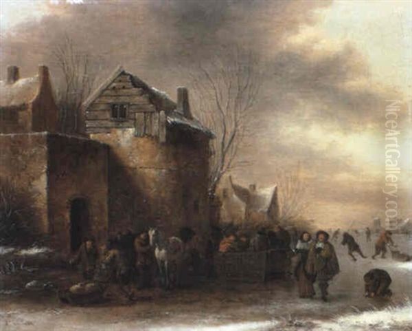 Elegant Couple And Other Townsfolk On A Frozen River Oil Painting by Nicolaes Molenaer