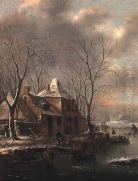 Frozen Waterway With Peasants Loading A Sledge By A Cottage Oil Painting by Nicolaes Molenaer