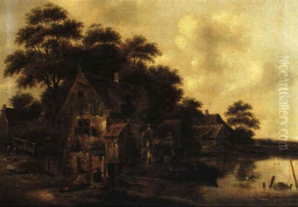 Figures Fishing By A Pond With A Cottage Beyond Oil Painting by Nicolaes Molenaer