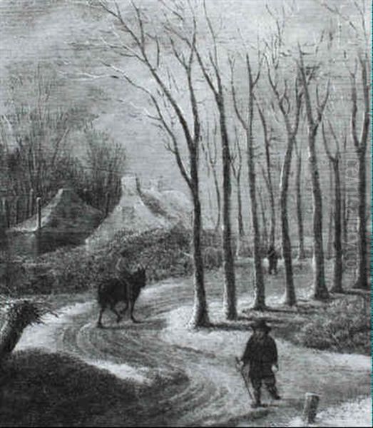 A Winter Landscape With A Figure Walking With A Staff On A  Treelined Road, Having Passed A Figure On Horseback Before Oil Painting by Nicolaes Molenaer