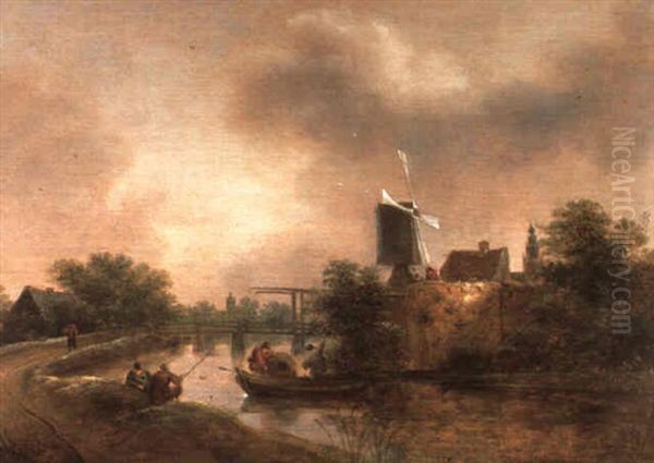 Fluslandschaft Mit Fischer Und Windmuhle Vor Einer Stadt Oil Painting by Nicolaes Molenaer