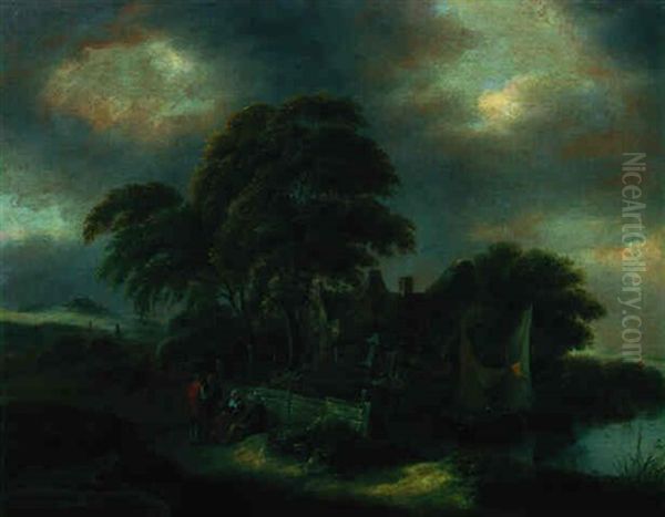 Bauernhauser Am Fluss Mit Rastenden by Nicolaes Molenaer