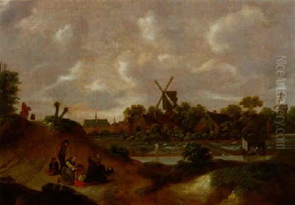 Hollandische Dunenlandschaft Mit Einer Leinenbleiche, Im    Hintergrund Die Stadt Haarlem... Oil Painting by Nicolaes Molenaer