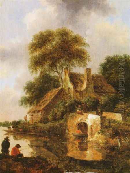 Landscape With A House By The River With Fishermen In The   Foreground And In A Boat Under The Bridge Oil Painting by Nicolaes Molenaer