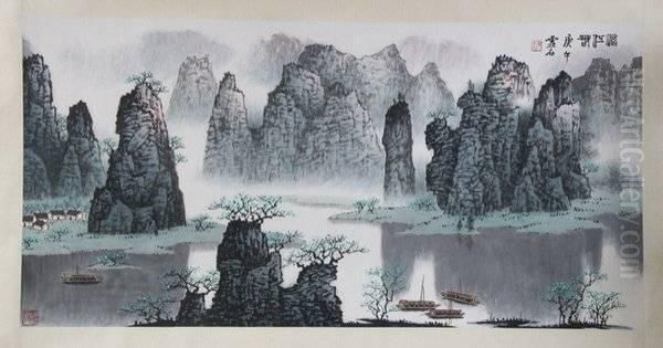 Mountains And Li River Oil Painting by Shi Bi