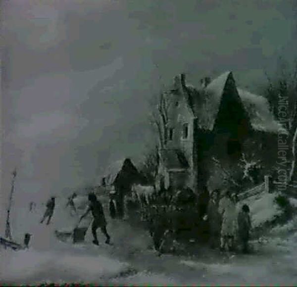 Skaters On A Frozen Lake Outside A House by Nicolaes Molenaer