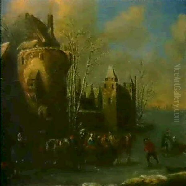 Pferdeschlitten Und Eislaufer Vor Den Mauern Einer Stadt Oil Painting by Nicolaes Molenaer