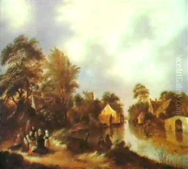 Wooded Landscape With Peasents Resting Beside A River Oil Painting by Nicolaes Molenaer