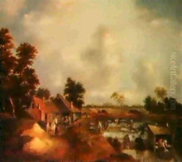 Eine Leinenbleiche In Einem Dorf, Im Hintergrund Die Stadt  Haarlem Mit Der Sint Bavo Of Groote Kerk Oil Painting by Nicolaes Molenaer