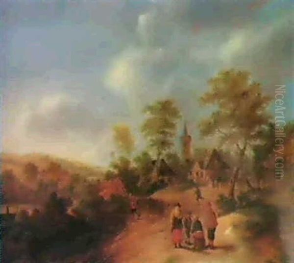 Peasants Conversing On A Sandypath Outside A Village, In A  Landscape. Oil Painting by Nicolaes Molenaer