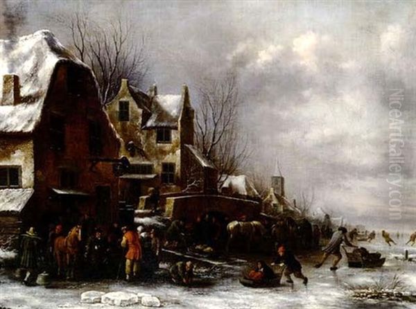 Winter Landscape With Villagers In Fromt Of An Inn,         Skaters And Sledders On A Frozen River Beyond Oil Painting by Nicolaes Molenaer